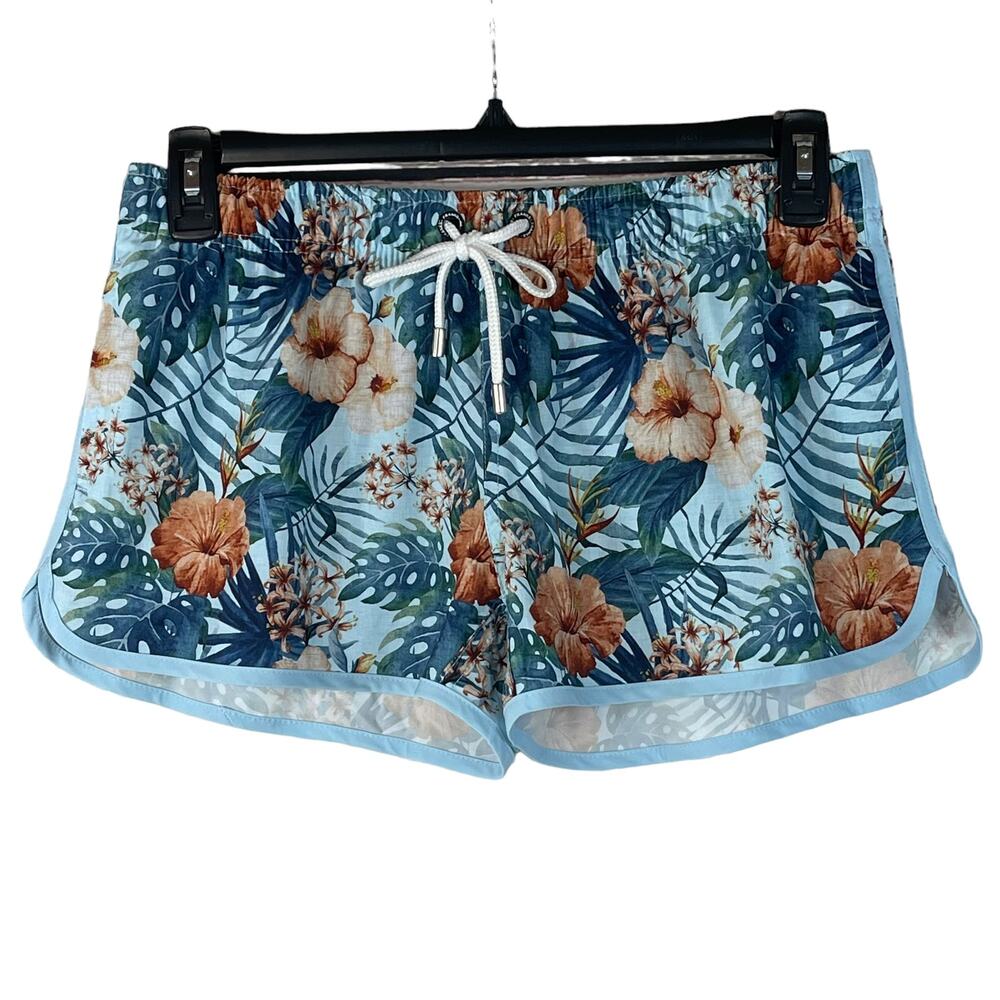 Franks Swim Large Board Shorts Hawaiian Floral Elastic Waist Pockets Quick Dry